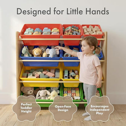 Humble Crew Kids' Toy Storage Organizer with 12 Plastic Bins, Natural/Primary, Model Number: WO560