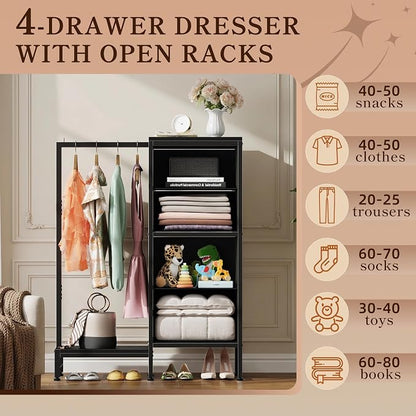 HIGDBFE Tall Dresser 44''H with Hanging Rack, 4 Drawers Small Closet Dresser for Bedroom, Reversible Fabric Chest of Drawers with Clothes Rack, Tall Storage Tower, Sturdy Frame, Black