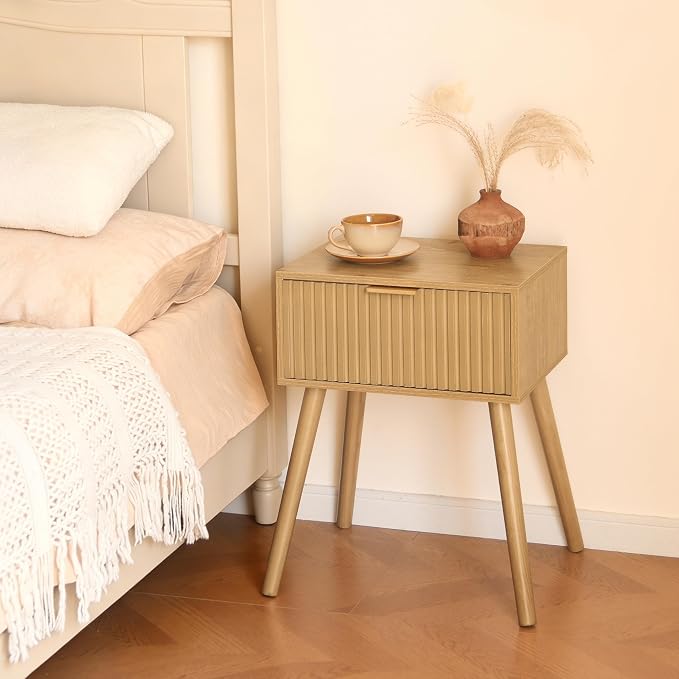 AWASEN Nightstand, Small End Tables Living Room, Accent Bedside Side Table with Fluted Drawer for Bedroom and Small Space, Rustic Walnut