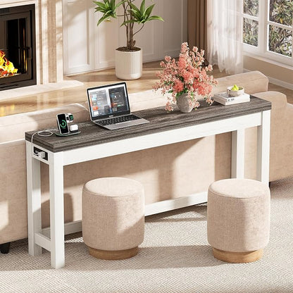 Cyclysio 63" Console Table with Charging Station, 13.8" Deep Farmhouse Sofa Table Behind Couch with 2 AC Outlets & 3 USB Ports, Long Entryway TV Console or Home Office Desk, Oak Grey