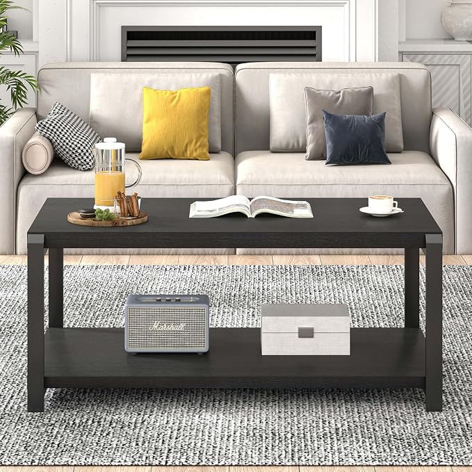 EXCEFUR Black Coffee Table, Modern Rustic Wood Center Table for Living Room, Industrial Rectangle Cocktail Tea Table with Storage Shelf