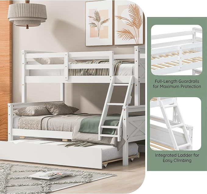 Merax Trundle Bunk Bed, Twin Over Full Wood Bunk Bed with Twin Size Trundle and Ladder, 3-in-1 Convertible to 2 Separate Beds, Solid Wood Frame with Guardrail, White