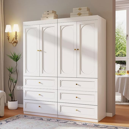 Wooden Wardrobe Closet with Doors: 75" Tall White Armoire Wardrobe Closet with 6 Drawers and 4 Doors, Modern Clothes Cabinets for Bedroom Armoires with Hanging Rod (6-Drawers, 63")