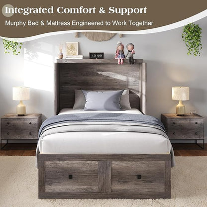 LUXOAK Twin Murphy Bed with 6" Tri-Fold Memory Foam Mattress, Storage Drawer & Charging Station, Space-Saving Design for Home Office or Guest Room, Rustic Grey