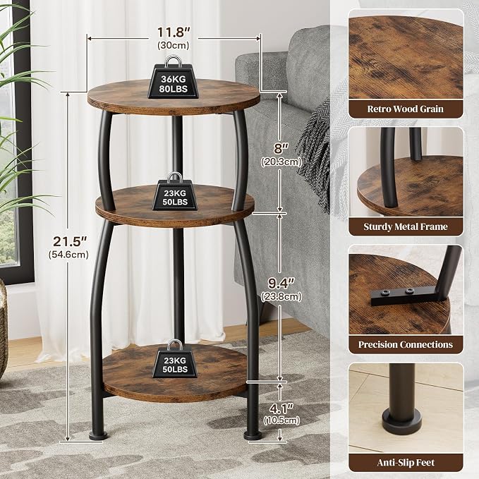 Small Round Side Table for Small Spaces, 3-Tier End Table with Storage Shelf, Slim Night Stand Sofa Corner Table for Living Room Bedroom, Patio and Corner, Rustic Brown
