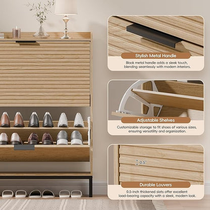 MU Shoe Storage Cabinet with 2 Flip Drawers, Freestanding Fluted Shoe Cabinet, Narrow Wood Shoe Cabinet, Hidden Shoe Organizer with Metal Legs for Entryway, Foyer, Hallway