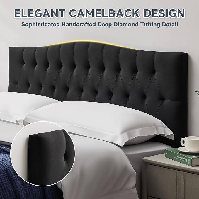 Tufted Upholstered King Size Headboard Only, Adjustable 38-50 in, Black | King Headboard for King Size Bed, Durable Linen Fabric Headboards, Modern Diamon Design Wood Head Board