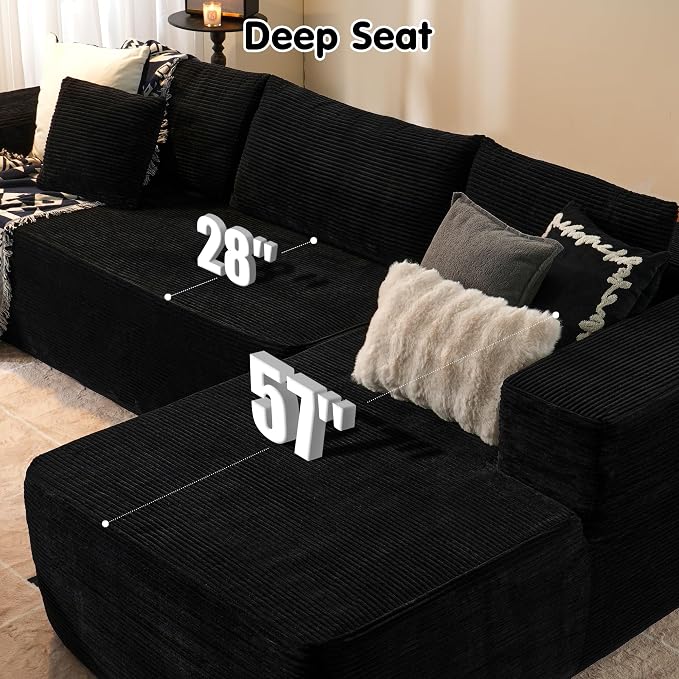 ovios 104" Cloud Boneless Couch with L-Shape Chaise,Modern Sectional Modular Sofa with Deep Seat, Upholstered Couches for Living Room Bedroom,No Assembly Required, Black (Corduroy Fabric)