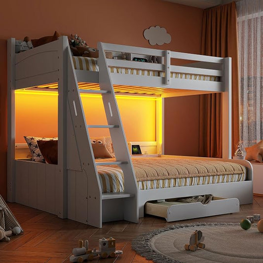 RUNNA Twin Over Full Bunk Bed with Storage Shelves, LED White/LED | Charging Station and a Drawer, Solid Wood Bunk Bed for Kids, Teens, Adults