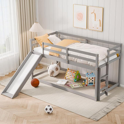 Bunk Bed with Slide, Wooden Bed Frame for Kids, Low Loft Bunk Bed Twin Over Twin with Ladders, Safety Guardrails for Kids, Toddlers, Boys, Girls, Teens, Bedroom (Grey)