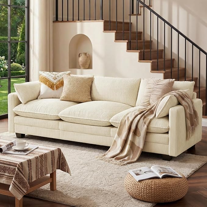 Gizoon 3 Seater Couches for Living Room, Cloud Sleeper Sofa with Double Cushion Corduroy Deep Seat Sofa Couches with 2 Pillows for Living Room Bedroom and Apartment,Pet-Friendly Fabric, Beige