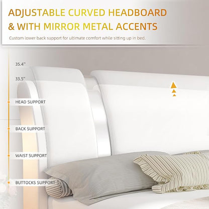 Keyluv Modern Queen Size Bed Frame with Mirror Metal Decoration, Faux Leather Upholstered Platform Bed with Curved Headboard, Wooden Slats Support, No Box Spring Needed, White