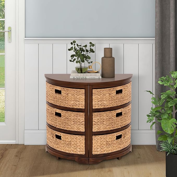 eHemco Hampton Meadows 3 Tier X-Side Corner Table Storage Cabinet, Walnut | 3 Wicker Baskets