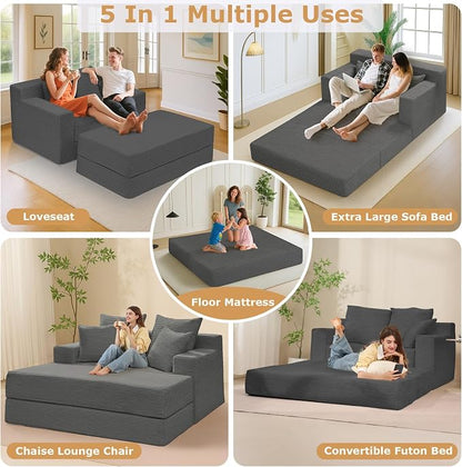cidludto Convertible Futon Sofa Bed with Ottoman, 5 in 1 Folding Couch Bed Loveseat, Corduroy Boneless Couch with Deep Seat for Living Room Chaise Lounge Chair Indoor, No Assembly Required, Grey