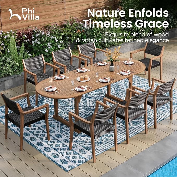 PHI VILLA Outdoor Dining Set for 8, Expandable Acacia Wood Table & Chairs | 9pc teak patio furniture set. Large farmhouse set for deck, porch, backyard