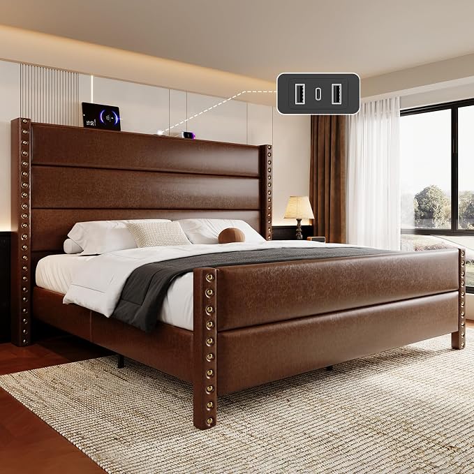 King Size Bed Frame with Storage Shelf & Charging Station, 55" Tall Headboard & 25.6" Footboard, Faux Leather Upholstered Platform Bed with Big Rivets Wingback, Heavy Duty & Noise-Free, Brown