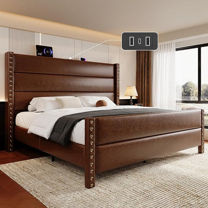 King Size Bed Frame with Storage Shelf & Charging Station, 55" Tall Headboard & 25.6" Footboard, Faux Leather Upholstered Platform Bed with Big Rivets Wingback, Heavy Duty & Noise-Free, Brown