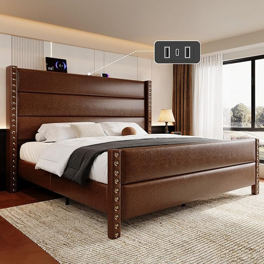 King Size Bed Frame with Storage Shelf & Charging Station, 55" Tall Headboard & 25.6" Footboard, Faux Leather Upholstered Platform Bed with Big Rivets Wingback, Heavy Duty & Noise-Free, Brown