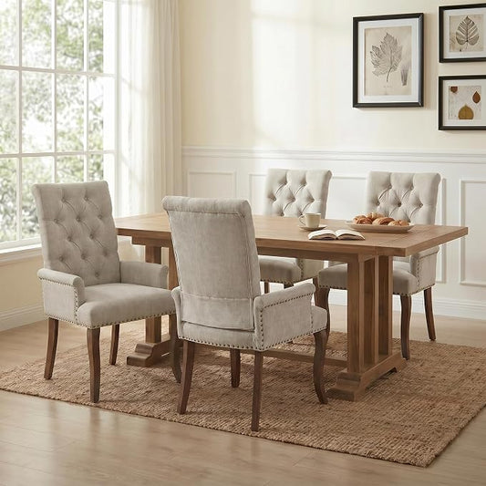Upholstered Dining Chairs with Arms Set of 4, Greyish Beige, 4 Pack | Tufted Chenille Kitchen Chairs with Arms, Modern Farmhouse Armchair with Nailhead Trim for Dining Room, Home Office