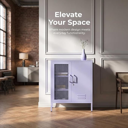 Purple Lockable Mesh & Metal Door Storage Cabinet, 3-Tier Heavy Duty Steel Locker with 2 Adjustable Shelves, Accent Cabinet for Living Room, Home Office, 33" H x 29.5" W x 13.8" D