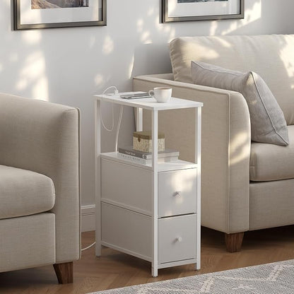 TUTOTAK Small Narrow End Table with Charging Station, Side Table with Outlets, Nightstand with 2 Cloth Drawers, Couch Table, for Living Room, Bedroom, Bedside, White TB01BW085