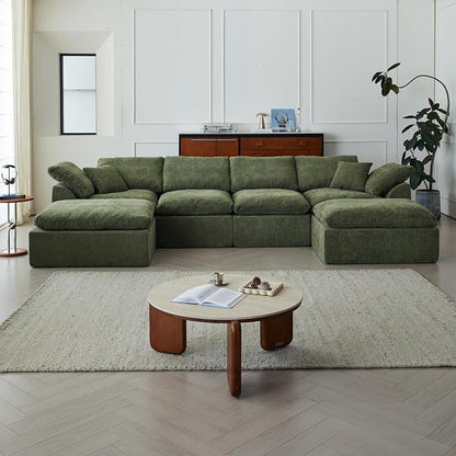 138" Boneless Cloud Couch Sectional for Living Room, Oversized Modular U Shaped Sofa with Double Chaise, Deep Seat Chenille Sectional Couch for Cloud-Like Comfort (6-Seater Green)