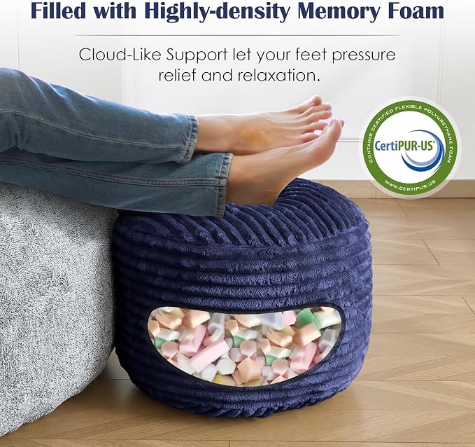 Round Ottoman,Corduroy Pouf Ottoman Foot Rest,Navy,18x14 in | Storage Footstool for Living Room,18x14 Soft Floor Poufs,Memory Foam Filling,Footrest only