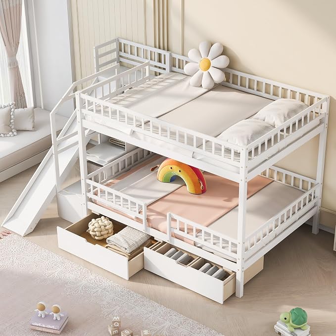 Full Over Full Bunk Bed with Slide and Staircase