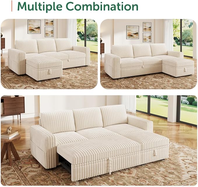 HONBAY Modular Sectional Sofa with Pull Out Bed,Corduroy L Shaped Sleeper Sofa with Storage, Sectional Couches for Living Room,Beige