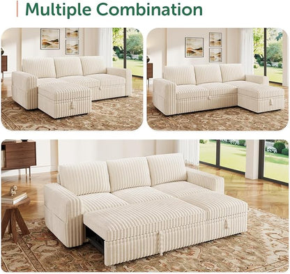 HONBAY Modular Sectional Sofa with Pull Out Bed,Corduroy L Shaped Sleeper Sofa with Storage, Sectional Couches for Living Room,Beige
