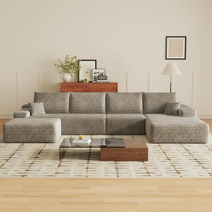 135" U Shaped Boneless Couch with Ottoman, Convertible Sleeper Compression Sofa, Corduroy Couch Sectional for Living Room Bedroom, Deep Seat Foam Cloud Sofas No Assembly, Right Facing Chaise, Camel