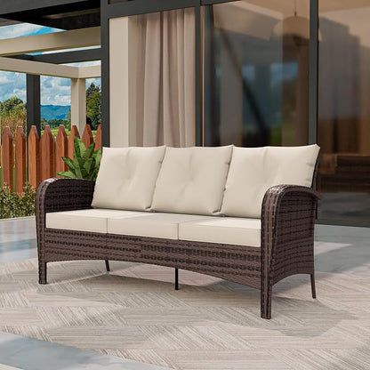 Patio 3-Seater Sofa, PE Wicker Outdoor Lounge with Thick Removable Cushions, Rust-Proof Steel Frame, 900LBS Capacity, Beige