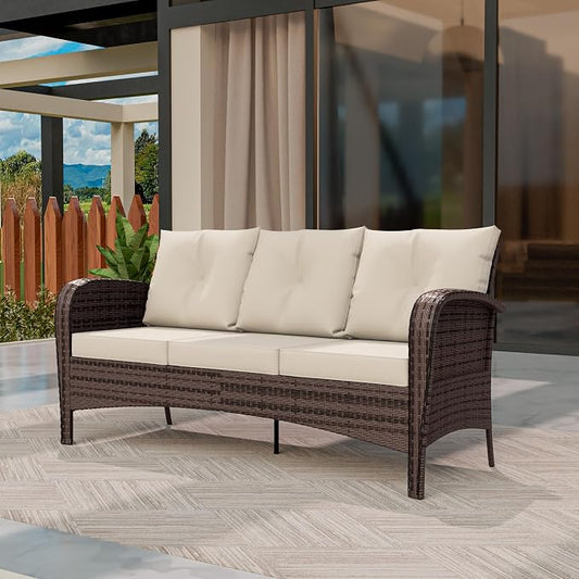 Patio 3-Seater Sofa, PE Wicker Outdoor Lounge with Thick Removable Cushions, Rust-Proof Steel Frame, 900LBS Capacity, Beige