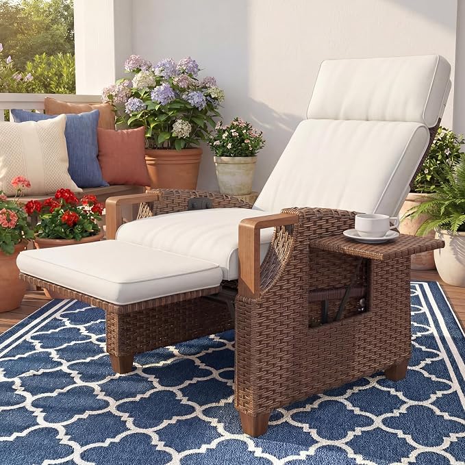 Grand patio Outdoor Recliner with Independent Adjustable Back and Footrest, Air Pump 150° Lay Flat Reclining Chair Removable Olefin Cushion Flip-Up Table Wicker Creamy White 1PC