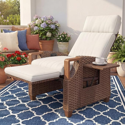 Grand patio Outdoor Recliner with Independent Adjustable Back and Footrest, Air Pump 150° Lay Flat Reclining Chair Removable Olefin Cushion Flip-Up Table Wicker Creamy White 1PC