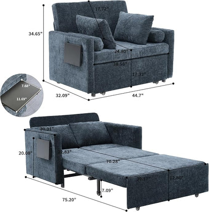 45" Oversize 3-in-1 Sleeper Chair Pull Out Bed, 75" Long Single Sleeper Sofa Bed with Wing Table and Side Pocket for Living Room, Bedroom, Small Space, Blue