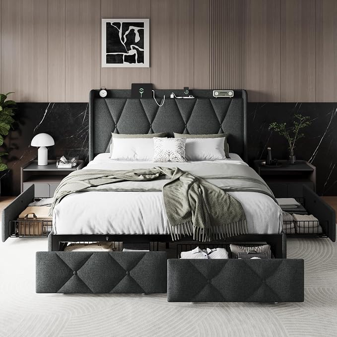 Einhomn Full Size Bed Frame with 4 Storage Drawers and Charging Station, Upholstered Platform Bed Frame with Storage Headboard, No Box Spring Needed, Easy Assembly, Dark Grey