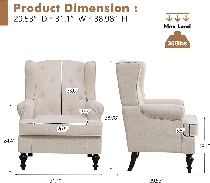 Accent Chair Set of 2, Mid Century Modern Fabric Wingback Chair, Upholstered Armchair with High Back and Vintage Legs, Comfy Single Sofa Side Reading Chair for Living Room Bedroom, Khaki