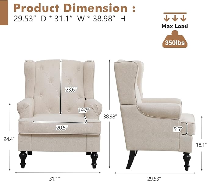 Accent Chair for Living Room, Mid Century Modern Upholstered Armchair, Wingback Chair with Tufted High Back and Solid Legs, Comfy Single Sofa Side Chairs for Bedroom, Khaki