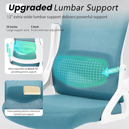 Fizzin Ergonomic Office Chair, 400 LBS Computer Chairs with Adjustable Lumbar Support, Breathable Mesh Desk Chair Ergonomic with Thickened Cushion, Comfy Home Office Desk Chair (Lake Blue)