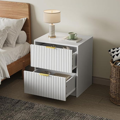 MAISONARIA 3-Piece Dresser Bedroom Set, 6 Drawer Dresser & 2 Drawer Nightstands with Gold Handles, Fluted Wood Chest of Drawers for Bedroom, Living Room, Entryway, White