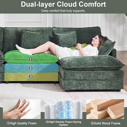 111.5" Modular Sectional Sofa, Large L Shaped Sectionals Cloud Couch, Big Comfy 3-Seat Couch with Ottoman, 4 Seater Chenille Sectional Sofa with Deep Seat and 5 Pillows for Living Room- Green
