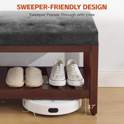 HUBSON 44" Entryway Shoe Bench, Upholstered End of Bed Bench with Solid Wood Shelf, Button Tufted Shoe Bench for Bedroom, Hallway, Living Room, Light Grey