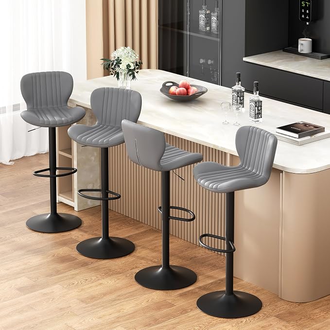 JAMFLY Bar Stools Set of 4, Leather Adjustable Barstools Counter Height with High Backrest, Island Chairs Set of 4 for Kitchen, Grey