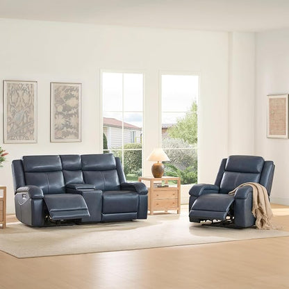 Watson & Whitely Genuine Leather Power Loveseat Recliner Sofa, Wall Hugger Loveseat Reclining Sofa with Storage Console, Power Headrest, Cup Holders, Dual Recliners for Living Room, RV, Navy Blue