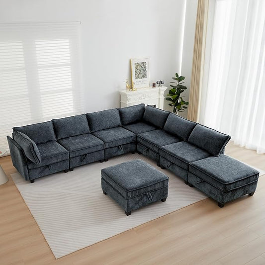 ORRD Oversize Corner Modular Sectional Sofa Set, Convertible L Shaped Couch with Storage, 8 Seater Sofa Modular with Ottomans and Reversible Chaise for Living Room, Office (Blue Grey)