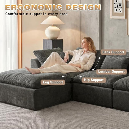 109" Boneless Cloud Couch Sectional for Living Room, Oversized Modular L Shaped Sofa with Ottoman, Deep Seat Chenille Sectional Couch for Cloud-Like Comfort (Onyx Black)