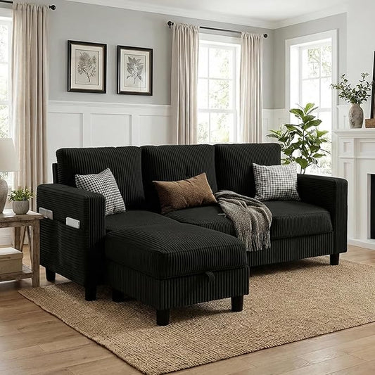 Convertible Sectional Sofa with Storage Ottoman, 77” L-Shaped 3-Seat Couch with Skin-Friendly Corduroy Fabric, Reversible Small Sectional for Small Space, Apartment, Living Room and Office(Black)
