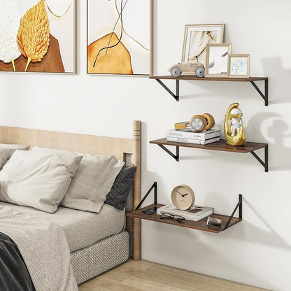 Heimlove 24" W x 12" D Wall Shelves for Books, 12 Inch Deep Floating Shelves Set of 3, Wide Floating Bookshelf with Metal Bracket for Living Room, Kitchen, Office, Bedroom and Decor Storage - Walnut