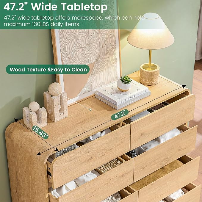 Standifurno Natural Dresser with 8 Drawers, FarmhouseDresser for Bedroom, Rustic Wood Chest of Drawers,Storage Closet, Chest of Drawers Handleless Design,Living Room, Curved Dresser Design 47" Wide